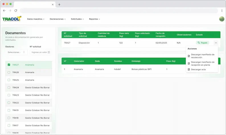 Imagen de la funcionalidad Generación Automática de Reportes y Certificados (EcoTracer)